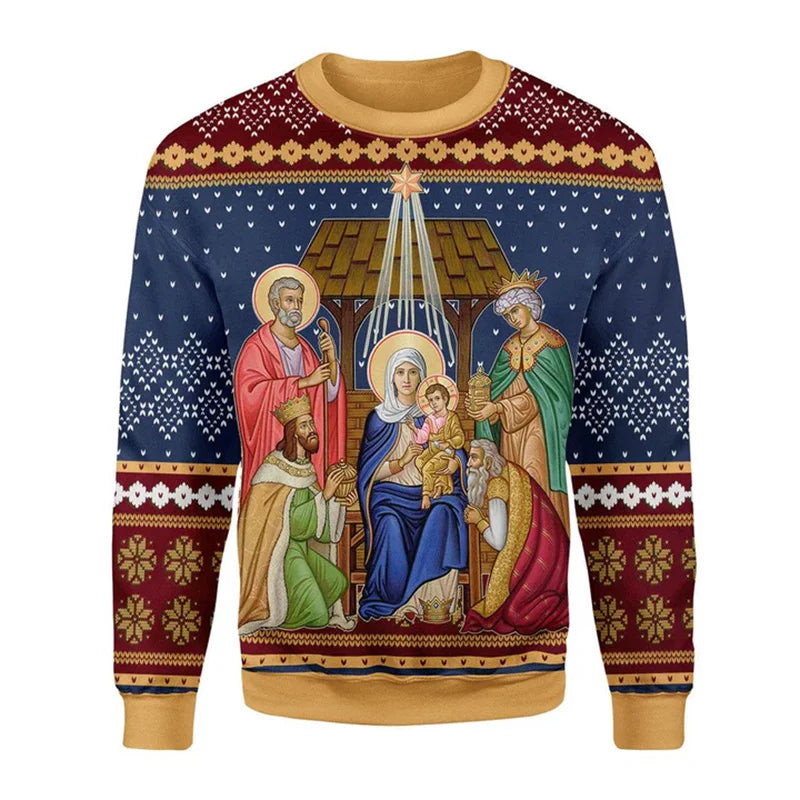 Sweater with nativity scene design featuring Mary, Joseph, and baby Jesus.