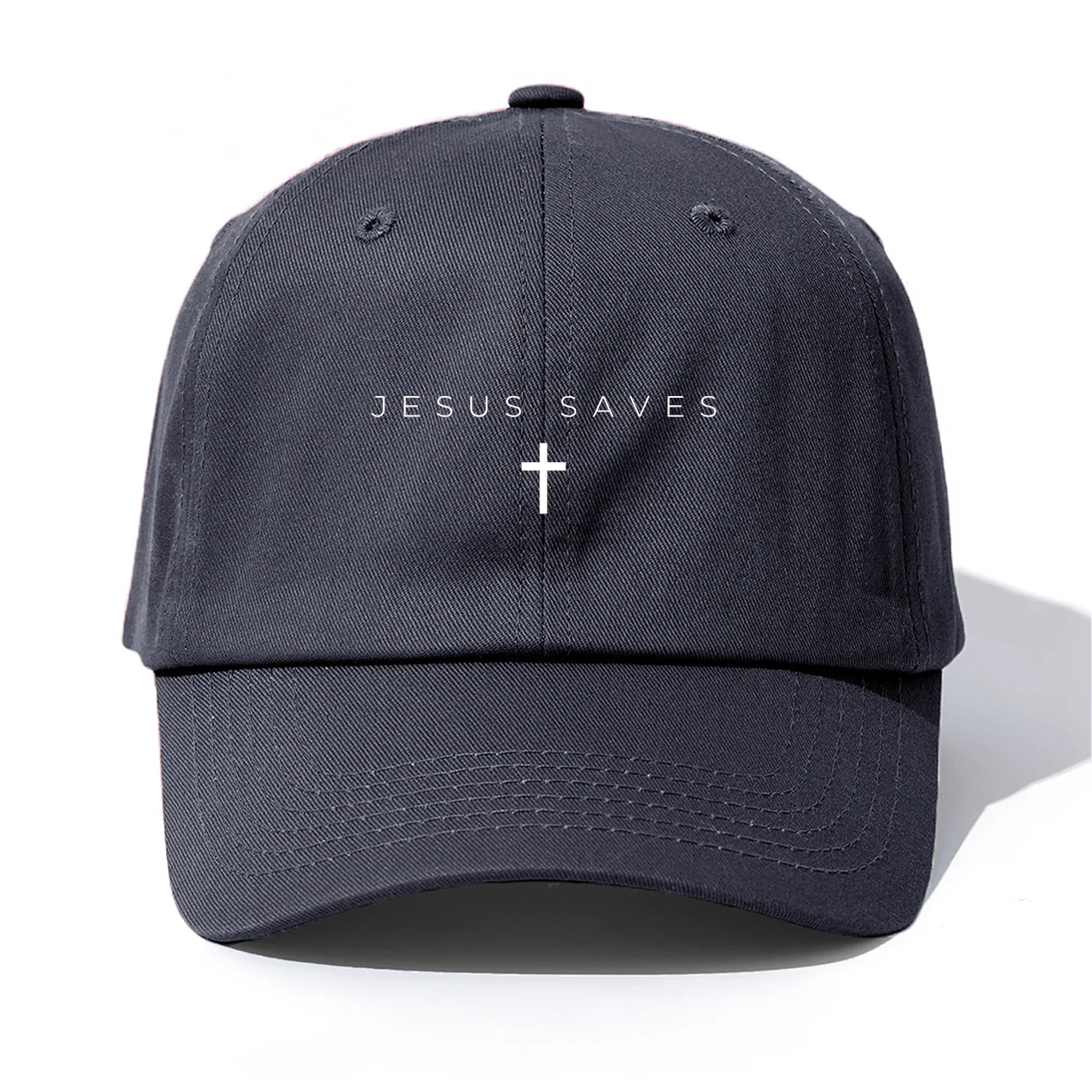 Navy blue cap with 'Jesus Saves' text and cross symbol on a white background