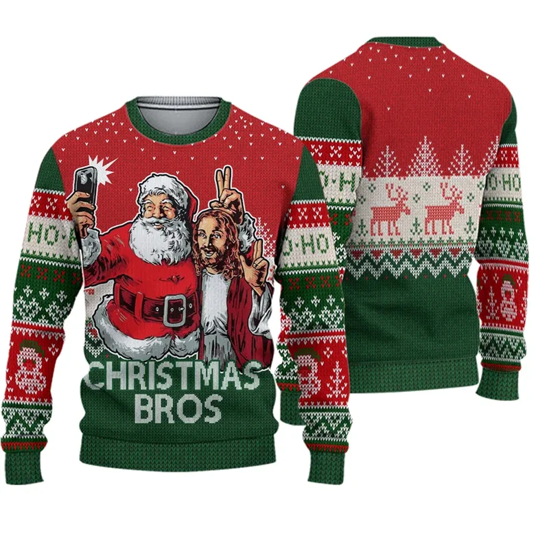 Christmas-themed sweater with Santa Claus and Jesus, featuring 'Christmas Bros' text.