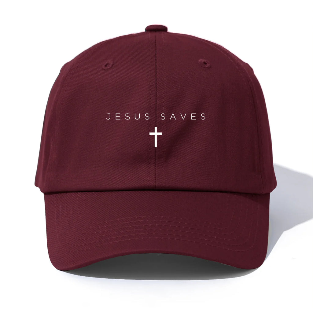 Maroon cap with 'Jesus Saves' text and cross on a white background