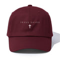 Maroon cap with 'Jesus Saves' text and cross on a white background