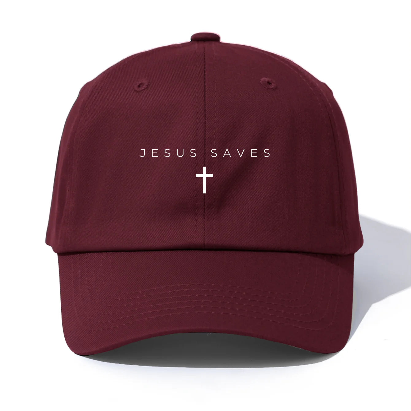 Maroon cap with 'Jesus Saves' text and cross on a white background