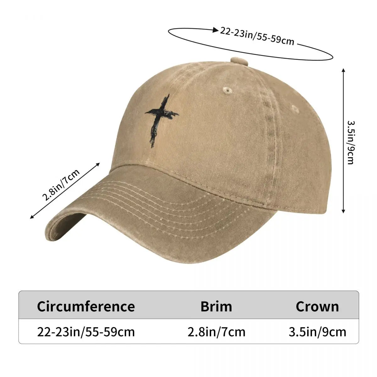 Beige cap with a black cross logo, shown with measurements on a white background