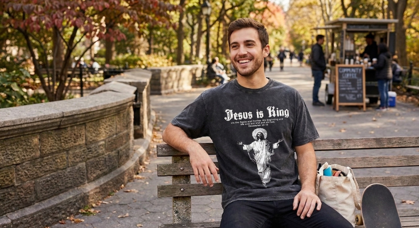 Man wearing a t-shirt with 'Jesus is King' text sitting on a bench in a park.